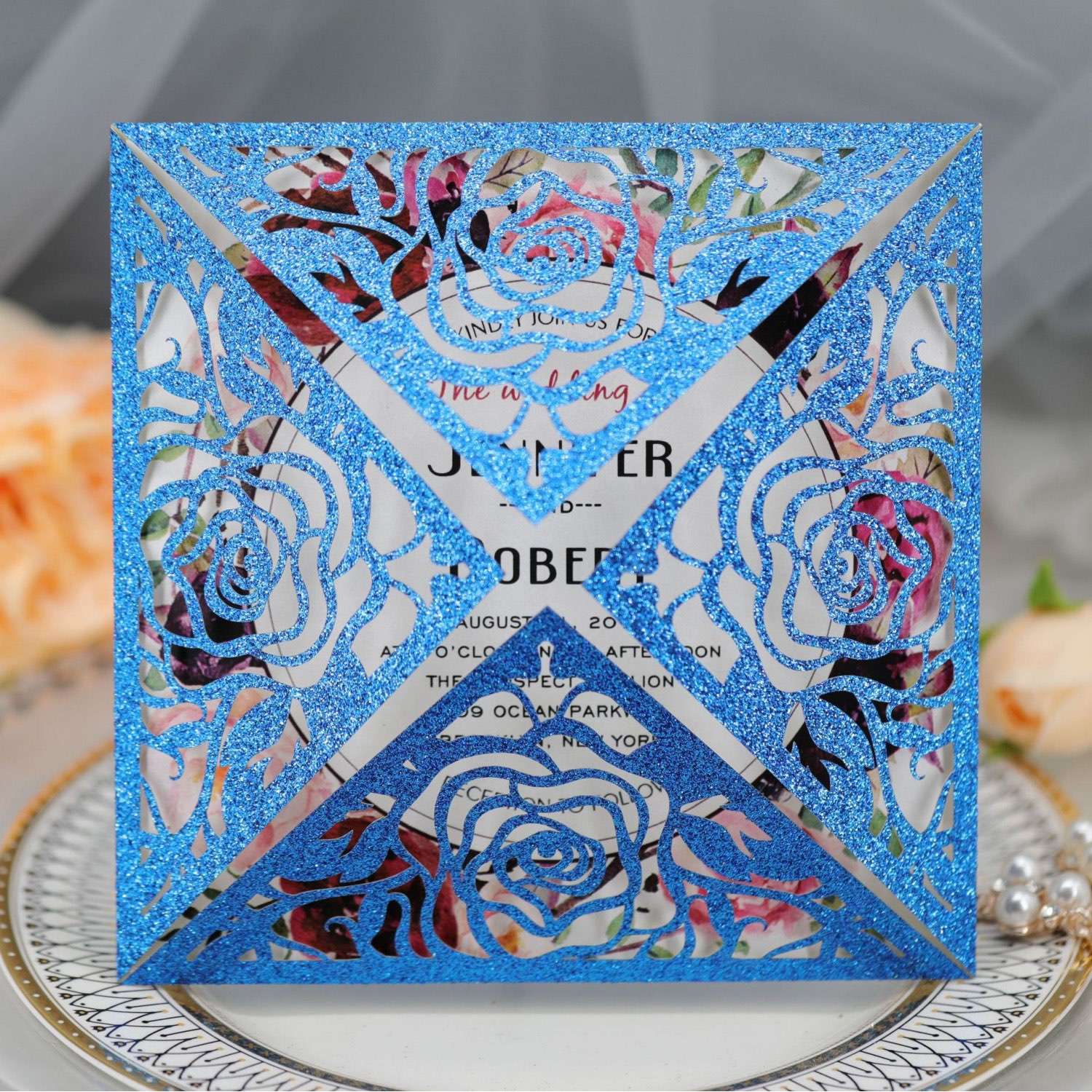 Valentine's Day Greeting Card Rose Card Laser Cut Glitter Paper Wedding Card Personalized Custom